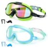 Seago Swim Goggles 2 Pack Anti-Fog Anti-UV Wide View UV Protection, Adjustable Swimming Goggles for Kids 3-15, Light Blue & Black, Green