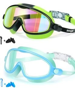 Seago Swim Goggles 2 Pack Anti-Fog Anti-UV Wide View UV Protection, Adjustable Swimming Goggles for Kids 3-15, Light Blue & Black, Green