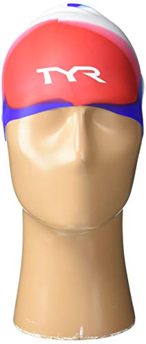 TYR Unisex Child Tie Dye Long Hair Silicone Youth Swim Cap, Red White Blue