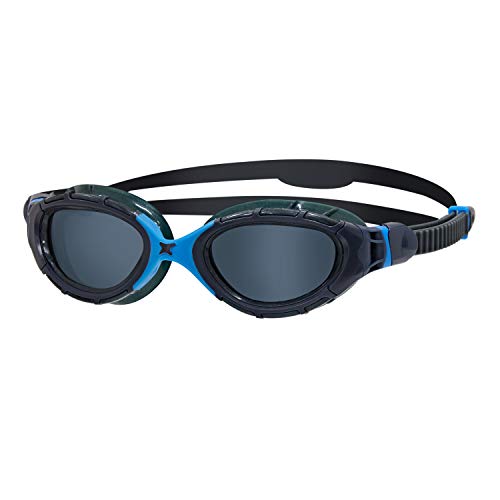Zoggs Adult Unisex Predator Flex Anti-Fog UV Protection Curved Lens Ultra-Fit Gasket Quick-Adjust Swimming Goggles, Gray/Blue - Tinted Smoke Lenses, Regular