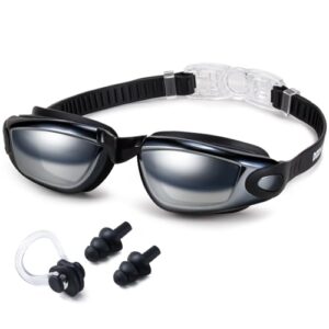 Dizokizo Swim Goggles for Adult Men Women Youth Kids Child with Earplug, Anti-Fog UV Protection Swimming Goggles with HD Lens, Adjustable Silicone Leak-Proof Ergonomic Design with Carry Case (Black)
