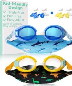 Pixel Panda 2 Pack Kids Swim Goggles with Fabric Strap for 3-14 Anti-Fog Anti-UV, No Leak No Hair Pulling Swimming Goggles
