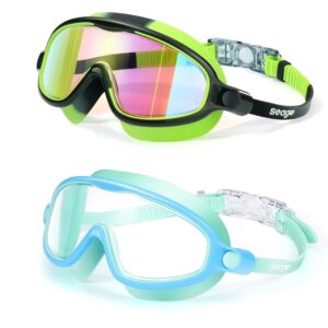 Seago Swim Goggles 2 Pack Anti-Fog Anti-UV Wide View Swimming Goggles for Kids 3-14