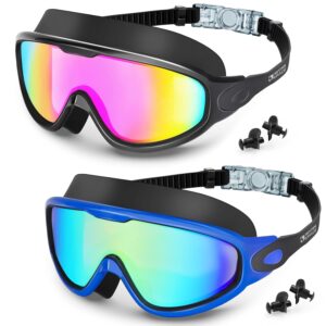 Swim Goggles 2 Pack for Adult Men Women, Anti-fog UV Protection No Leak 180° Wide View Clear Vision Pool Goggles