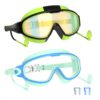 Swim Goggles for Kids 3-15 with Earplugs Large Frame Anti-Fog/UV Swimming Goggles for Boys Girls Toddler 2PCS