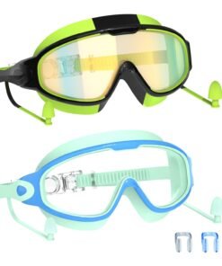 Swim Goggles for Kids 3-15 with Earplugs Large Frame Anti-Fog/UV Swimming Goggles for Boys Girls Toddler 2PCS