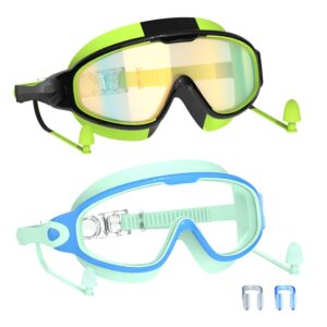 Swim Goggles for Kids 3-15 with Earplugs Large Frame Anti-Fog/UV Swimming Goggles for Boys Girls Toddler 2PCS