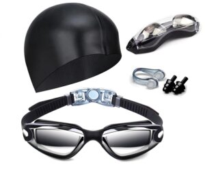 Swim Goggles Swimming Goggles No Leaking with Nose Clip, Earplugs, Swim Cap and Case for Men Women