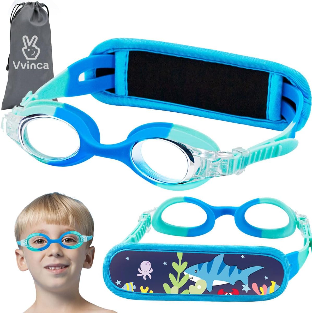 Vvinca Kids Swim Goggles with Fabric Strap No Tangle Pain-Free, Anti-Fog Swimming Pool Goggle No Leak for Toddlers Girls Boys