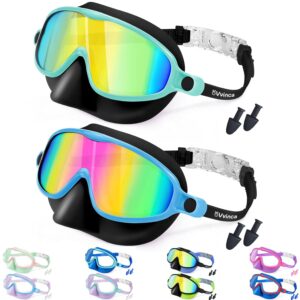 Vvinca Swim Goggles with Nose Cover, 2 Pack Wide View Diving Mask Anti-Fog UV No Leak Toddlers Swimming Goggles for Kids 3-15