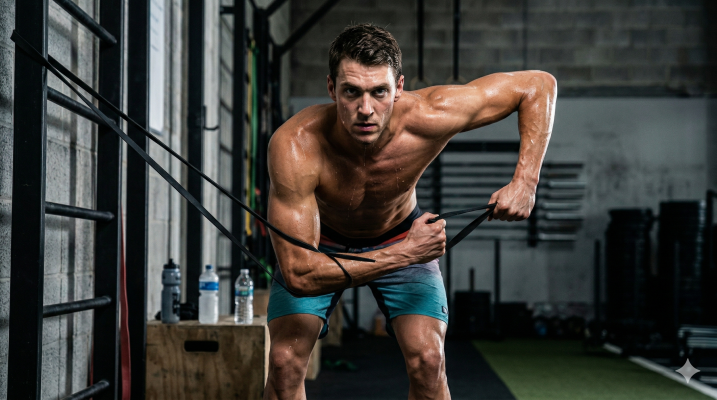 Swimmer performing dryland resistance band pulls to improve sprint freestyle stroke rate