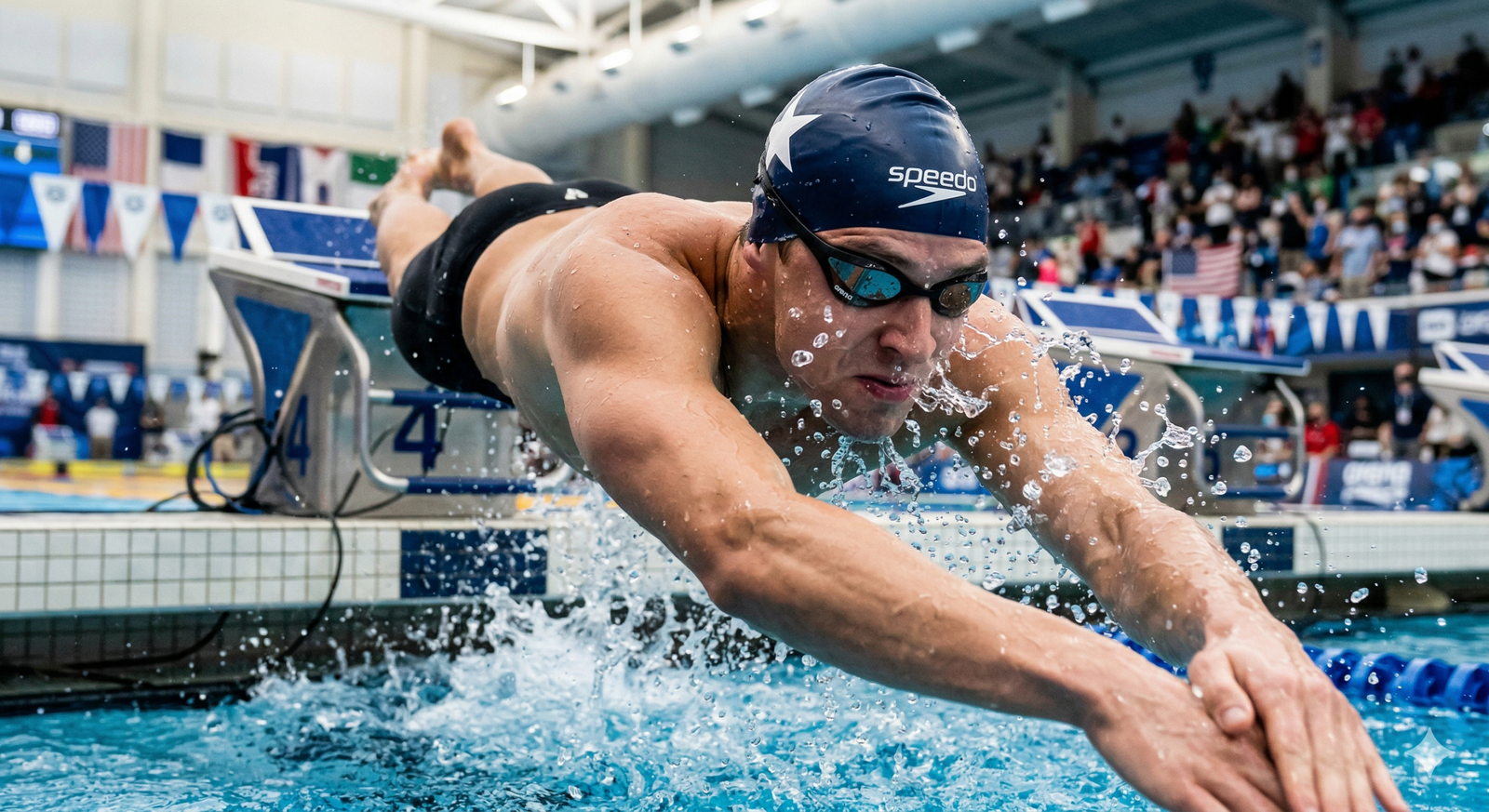 Swimmer wearing swim goggles during pool training