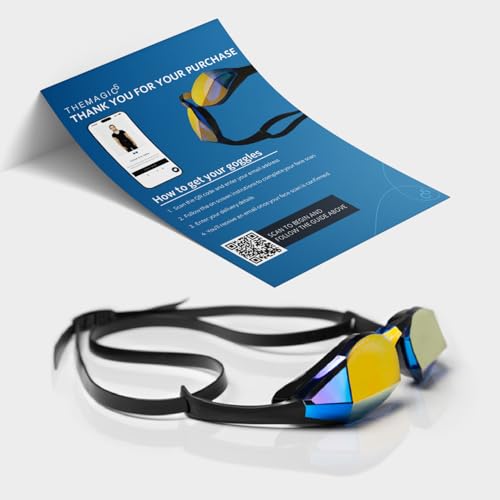 THEMAGIC5 Swim Goggles for Men and Women - The World's 1st Custom Fit Swimming Goggles for Adults - QR Code Ships by Mail - Anti-Fog Competitive Racing Pool Triathlon Sports (BLUE MAGIC MIRROR GOLD)