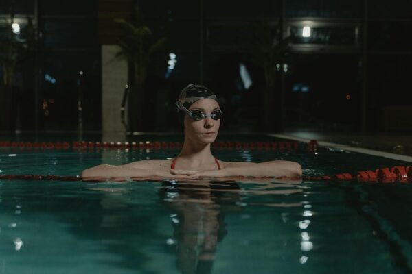 Swimmer wearing goggles during pool training