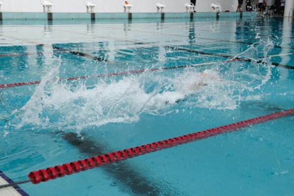 Freestyle swimmer practicing flutter kick technique in the pool