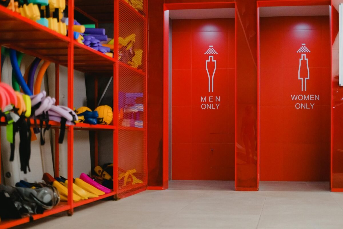 Swimming pool locker room with lockers for swimmers