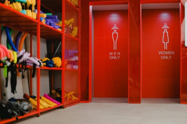 Swimming pool locker room with lockers for swimmers